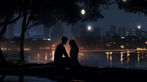 Romantic Night by the Lake: Couple Embraced by City Lights
