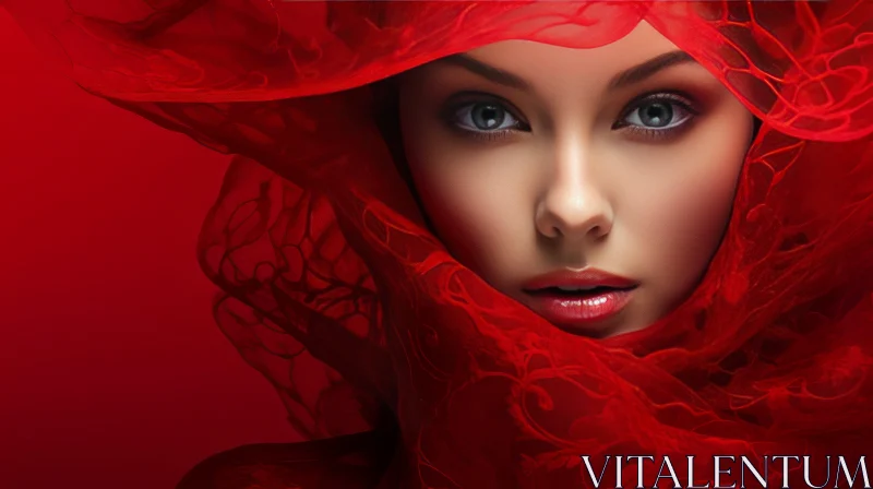 Serious Woman in Red Headscarf AI Image
