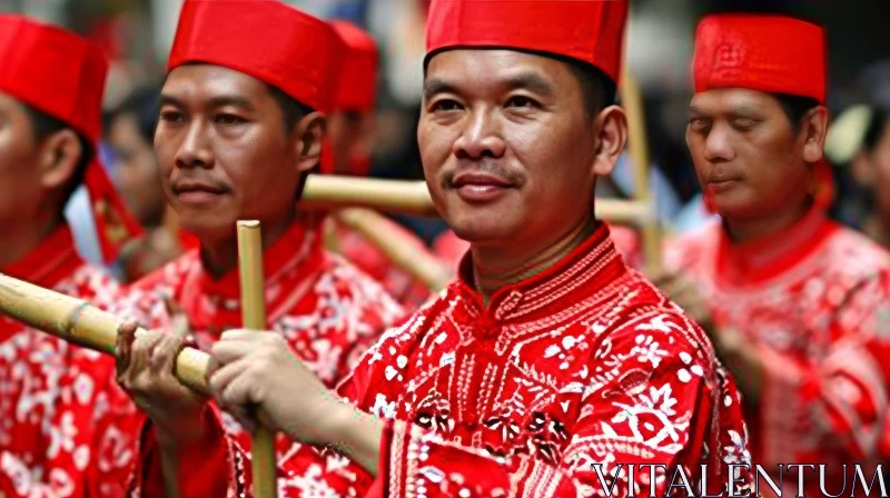 Traditional Chinese Clothing: Three Men in Red Hats AI Image