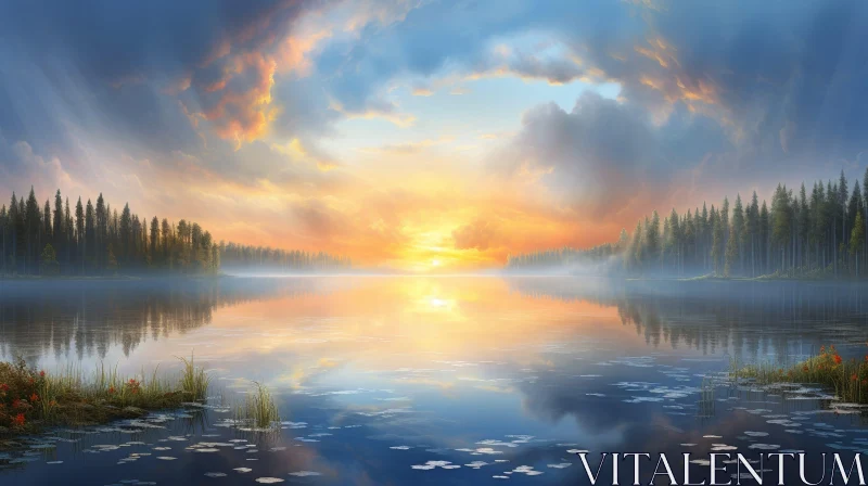 Tranquil Sunset Lake and Forest Landscape AI Image