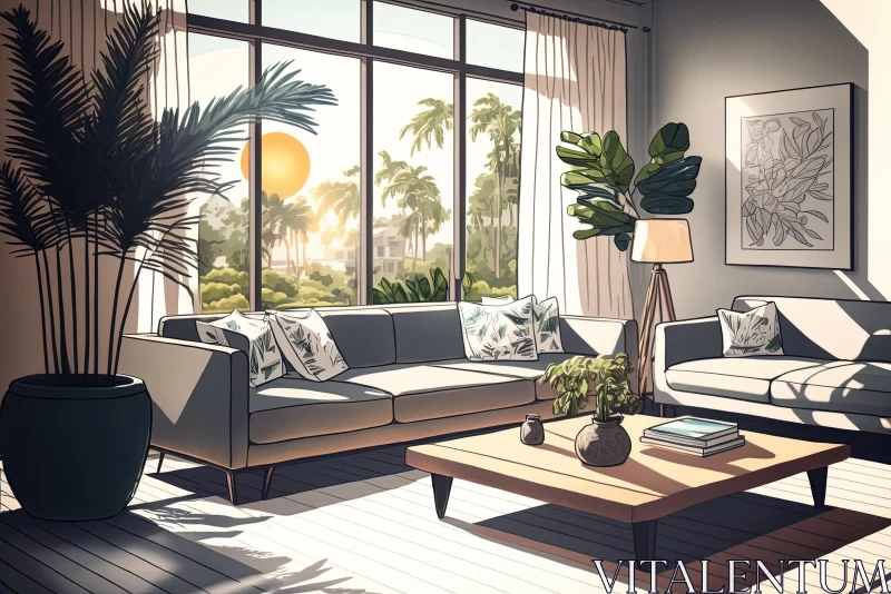 Vibrant Comic Book-inspired Sitting Room with Palm Trees AI Image