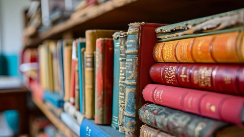 Close-up of a Haphazardly Arranged Bookshelf with Old Leather-Bound Books