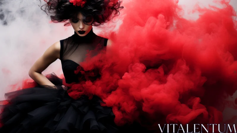 Elegant Woman in Black Dress with Red Rose in Red Smoke AI Image