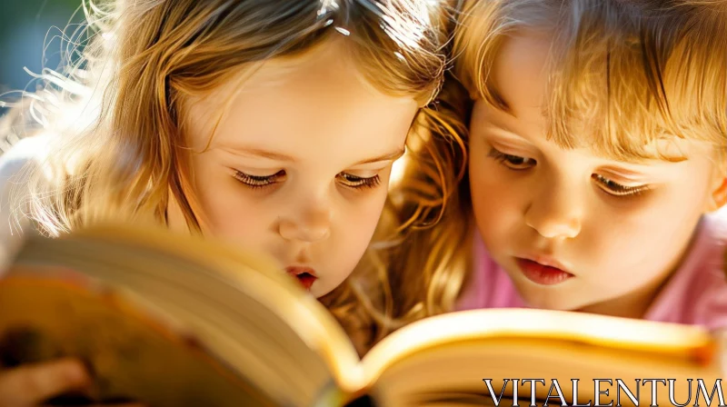 Enchanting Moment: Two Girls Reading a Book in the Park AI Image