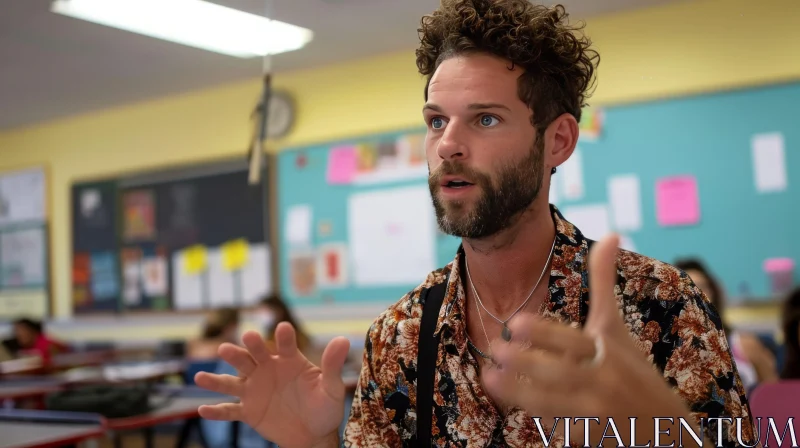 Engaging Classroom Scene: Young Male Teacher with Curly Hair AI Image