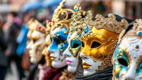 Enigmatic Group of People Wearing Venetian Masks