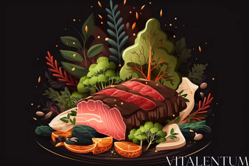 Exquisite Food Illustration: Steak, Meat, Carrot, and Vegetables on a Plate AI Image