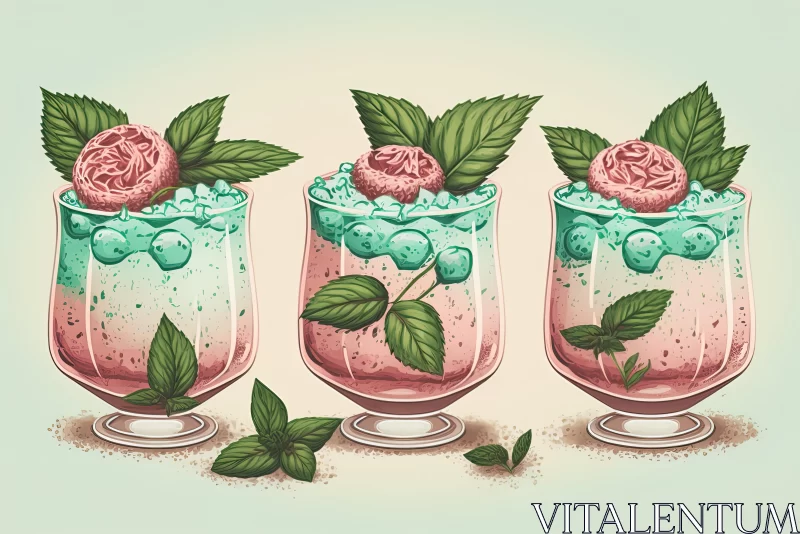 Exquisite Strawberry Ice Cream Cocktail in Green Glasses - Hyper-Detailed Illustration AI Image
