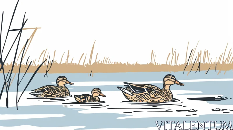 AI ART Family of Ducks Swimming in Pond - Vector Illustration