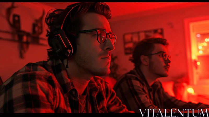 Intense Moment: Two Young Men in a Red-lit Room AI Image