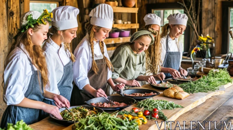 Joyful Women in a Rustic Kitchen: Cooking and Laughter AI Image