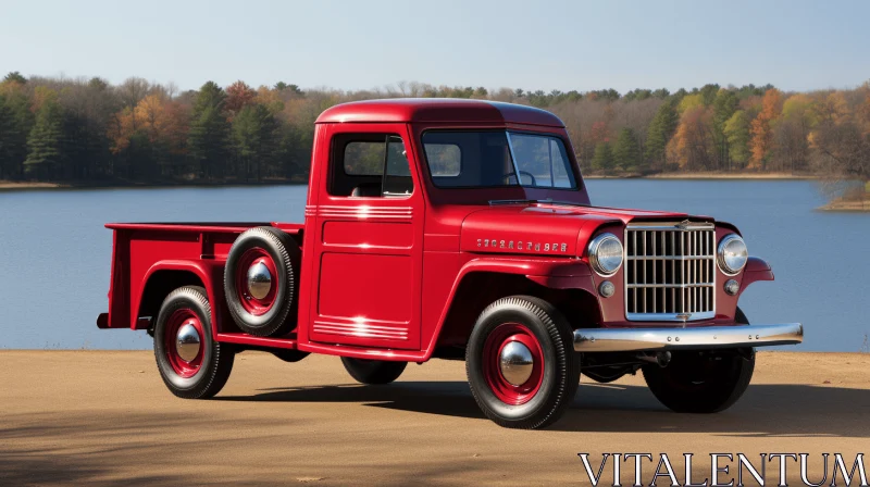 Old Red Truck by the Lake: Streamlined Design and Deconstructed Americana AI Image