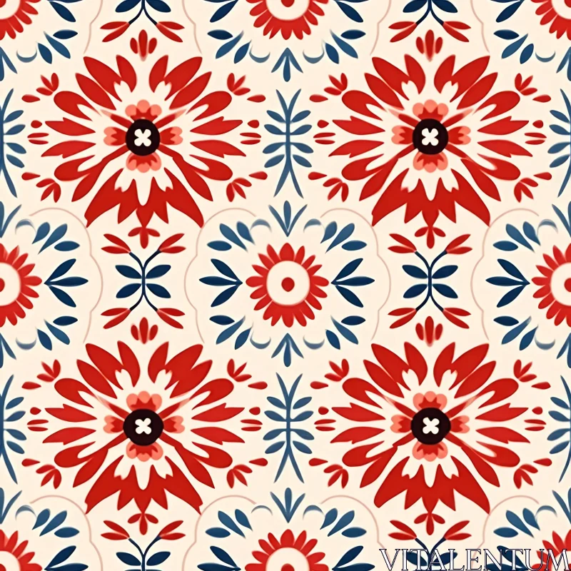 AI ART Red, Blue & White Floral Tiles Pattern