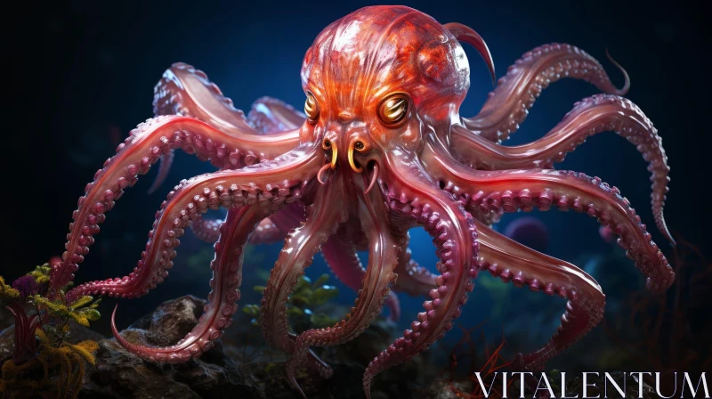 AI ART Red Octopus 3D Rendering - Underwater Sea Creature Art