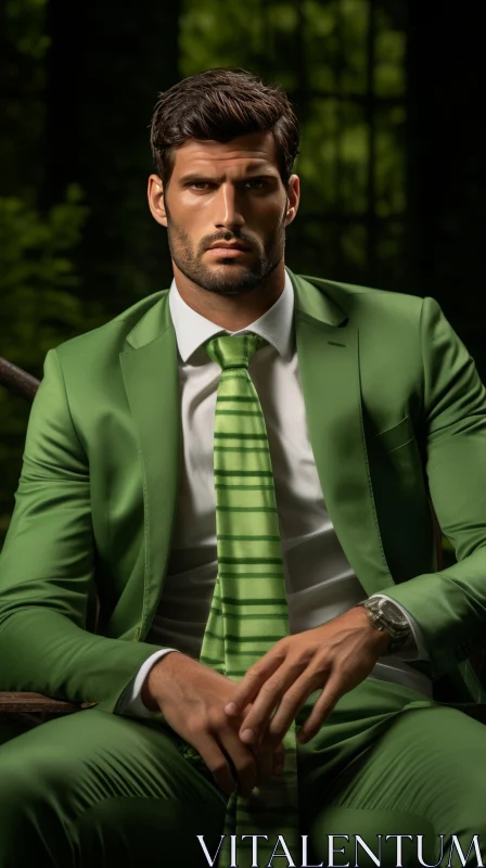 Serious Young Man in Green Suit Portrait AI Image