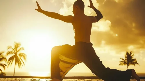 Silhouette of Man Practicing Kung Fu on Beach at Sunset