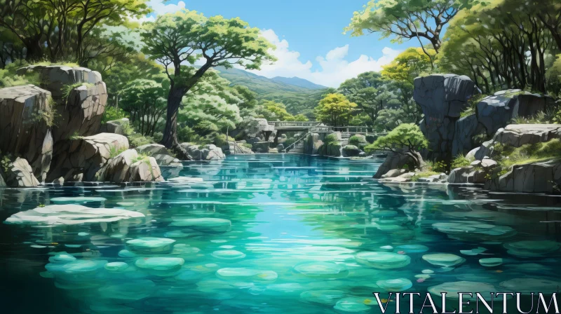 Tranquil River Landscape in Lush Forest AI Image