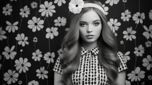 Vintage Black and White Portrait of Young Woman with Floral Background