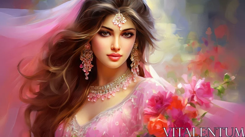 Young Woman Portrait with Pink Dress and Jewelry AI Image