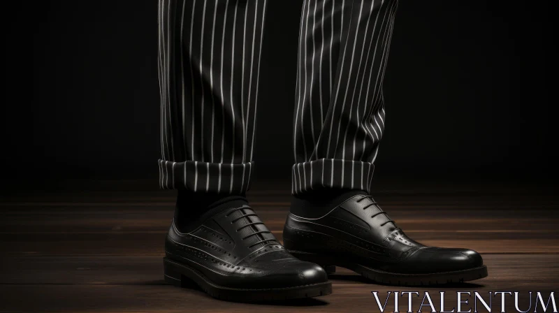 Black Leather Shoes with Brogue Pattern and Striped Pants AI Image
