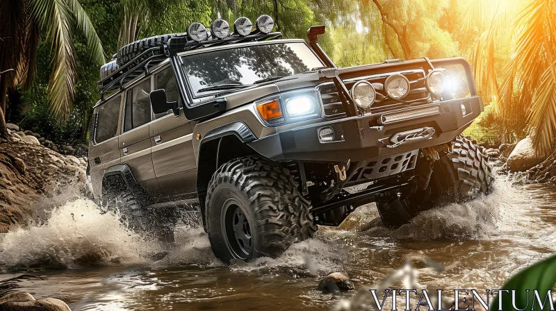 Brown Four-Wheel Drive Vehicle in Jungle River Adventure AI Image