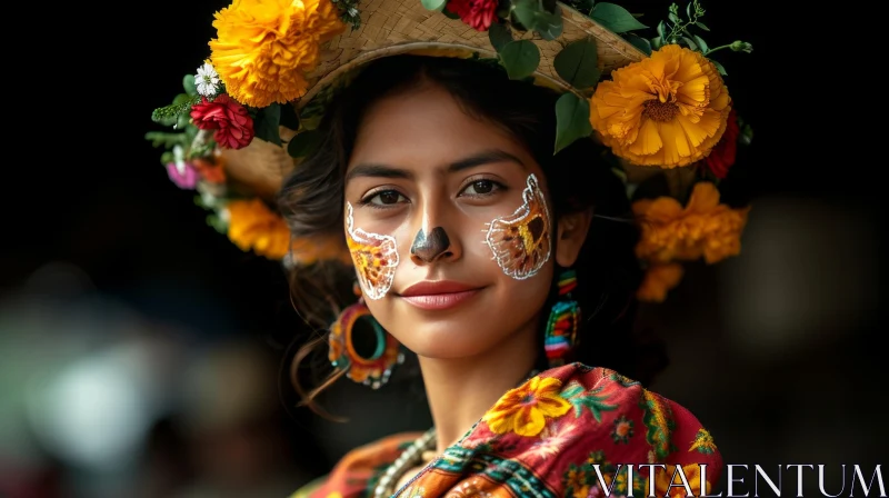 Colorful Traditional Mexican Woman with Flower Headdress AI Image