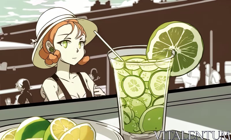Expressive Manga Art: Girl Drinking Lime Drink - Rich Color Palettes AI Image