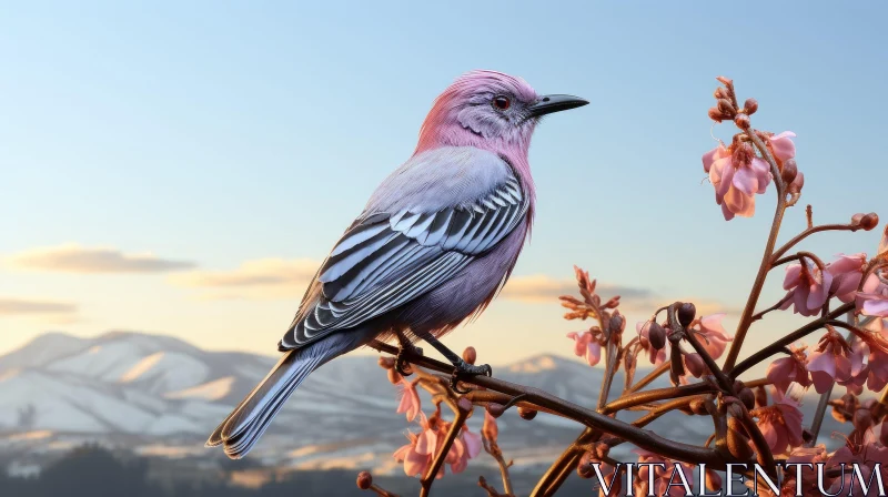 Graceful Bird on Branch with Pink Flowers and Mountains AI Image