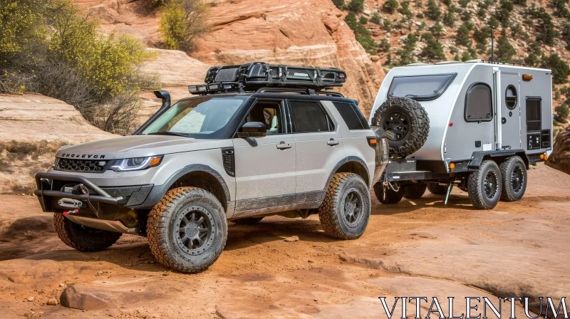 Gray Land Rover Discovery SUV and Off-road Trailer in Desert AI Image