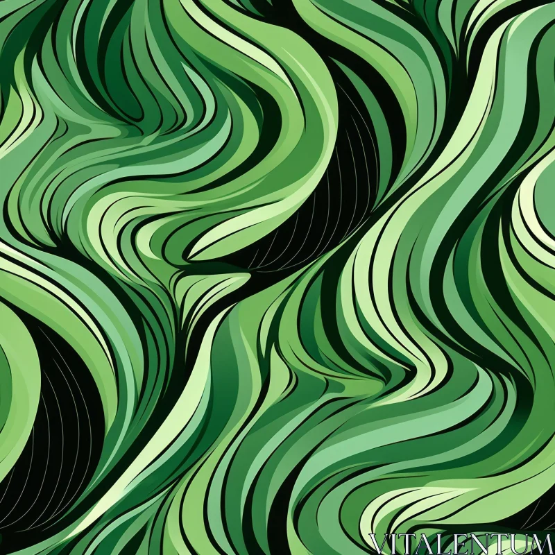 Green Waves Seamless Pattern on Black Background AI Image