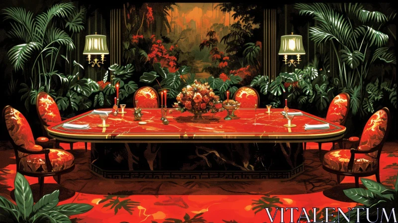 Luxurious Tropical-Themed Dining Room Digital Painting AI Image