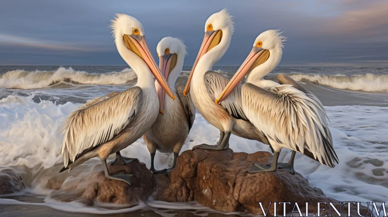 Pelicans on Rock: Ocean Wildlife Scene AI Image