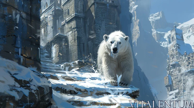 Post-apocalyptic Polar Bear in Ruined Castle AI Image