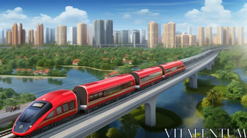 Red and White High-Speed Train on Bridge Over River AI Image
