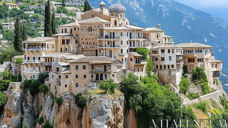 Scenic Village on a Rocky Hilltop - Majestic Mountain Landscape AI Image