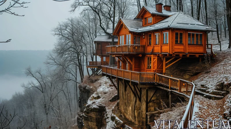 Stunning Wooden House on Cliff | Serene Winter Landscape AI Image