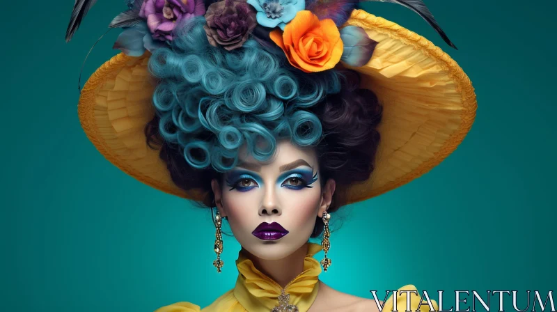 Unique Fashion Portrait with Elaborate Hairstyle and Hat AI Image