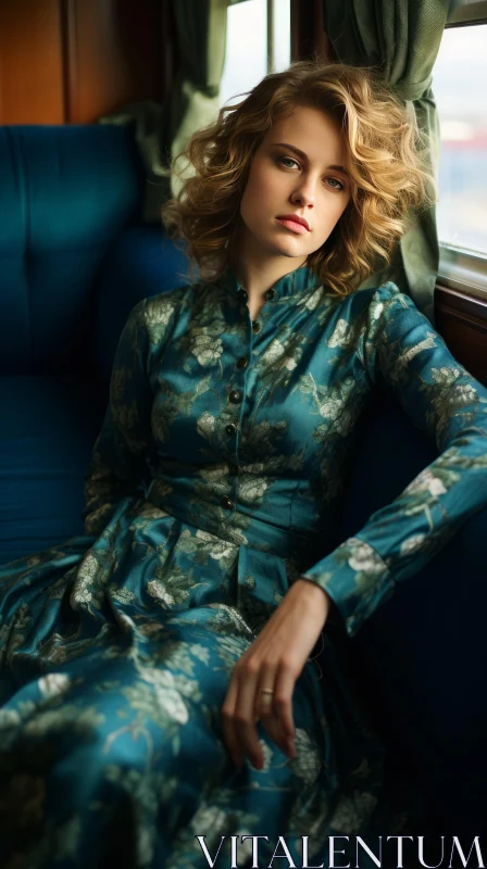 Vintage Train Woman in Blue Dress AI Image