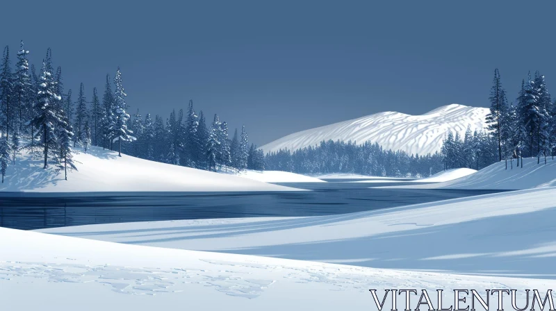 Winter Landscape: Snow-Covered Field, Frozen Lake, Snow-Capped Mountain AI Image