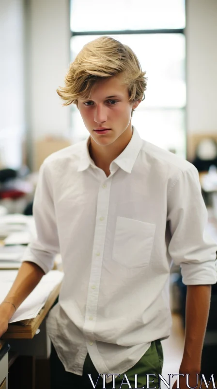 Young Man in Office with Blond Hair and Blue Eyes AI Image