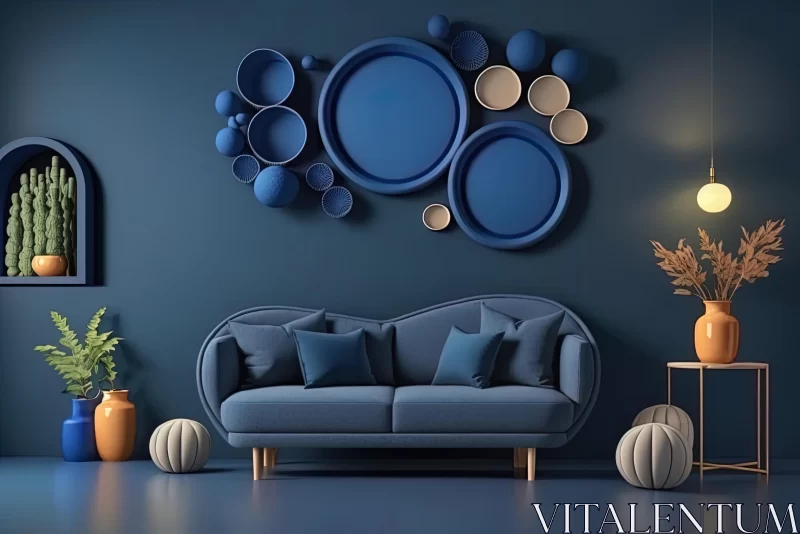 Blue Sofa and Wall Decor: Circular Shapes and Matte Background AI Image