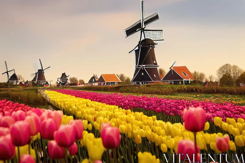 Captivating Tulips and Windmills in the Dutch Countryside | Fanciful Romanticism AI Image