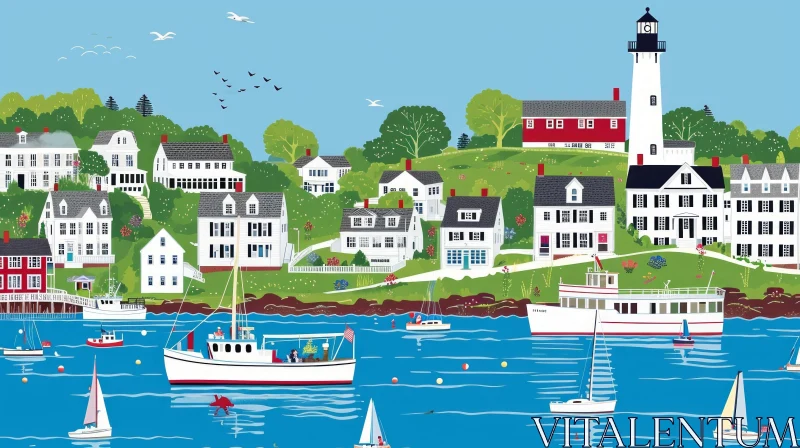 Colorful Coastal Town Illustration with Lighthouse and Charming Houses AI Image