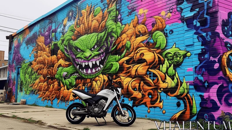 Colorful Mural with Motorcycle | Edgy Graffiti Style AI Image