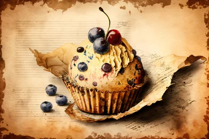 Cupcake on Old Brown Paper: Digitally Manipulated Image with Cranberrycore Aesthetic