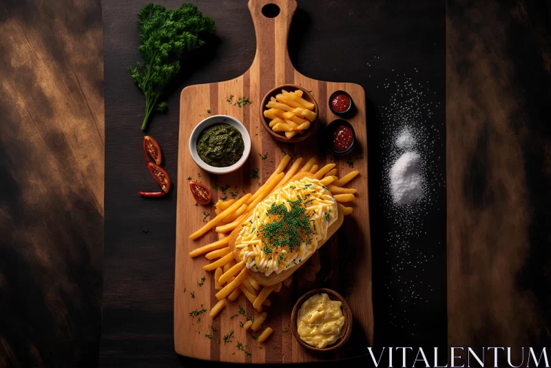 Delicious Wooden Board with French Fries and Toppings - Food Photography AI Image