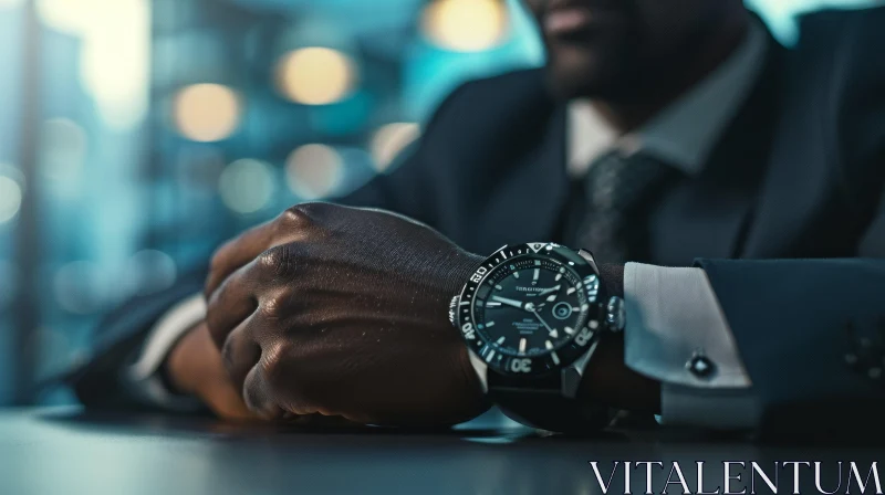 Elegance in Black: A Captivating Close-Up of a Man's Wrist with a Black Watch AI Image