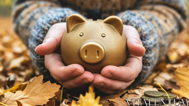 Golden Piggy Bank Amongst Autumn Leaves - A Captivating Image AI Image