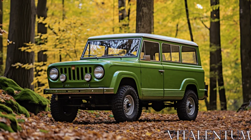 Green Jeep in the Woods: A Captivating Fall Scene AI Image