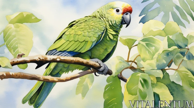 AI ART Green Parrot Watercolor Painting on Branch